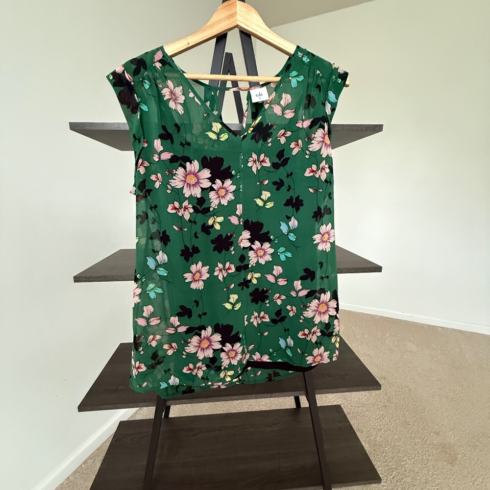 CAbi Floral Sleeveless Blouse Green Pink Black White Lined Cami Style 3619 Sz M